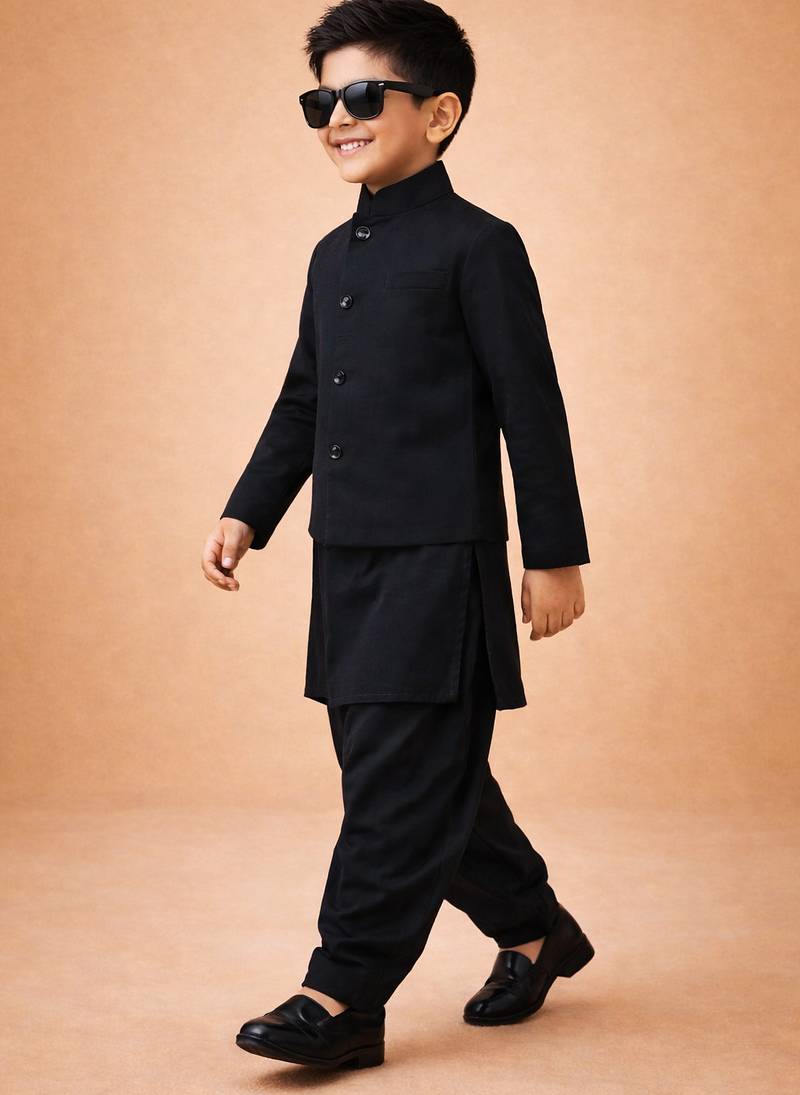 Boys black synthetic solid jodhpuri jacket kurta patiala set with dupatta