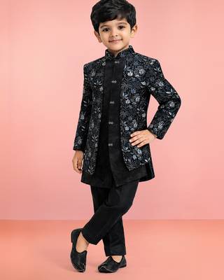 Boys blue velvet thread embroidery attached jacket style sherwani set with pant 1