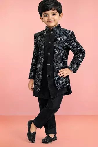 Boys blue velvet thread embroidery attached jacket style sherwani set with pant