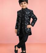 Boys blue velvet thread embroidery attached jacket style sherwani set with pant
