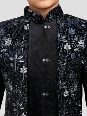 Boys blue velvet thread embroidery attached jacket style sherwani set with pant 2