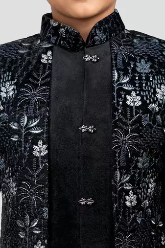 Boys blue velvet thread embroidery attached jacket style sherwani set with pant