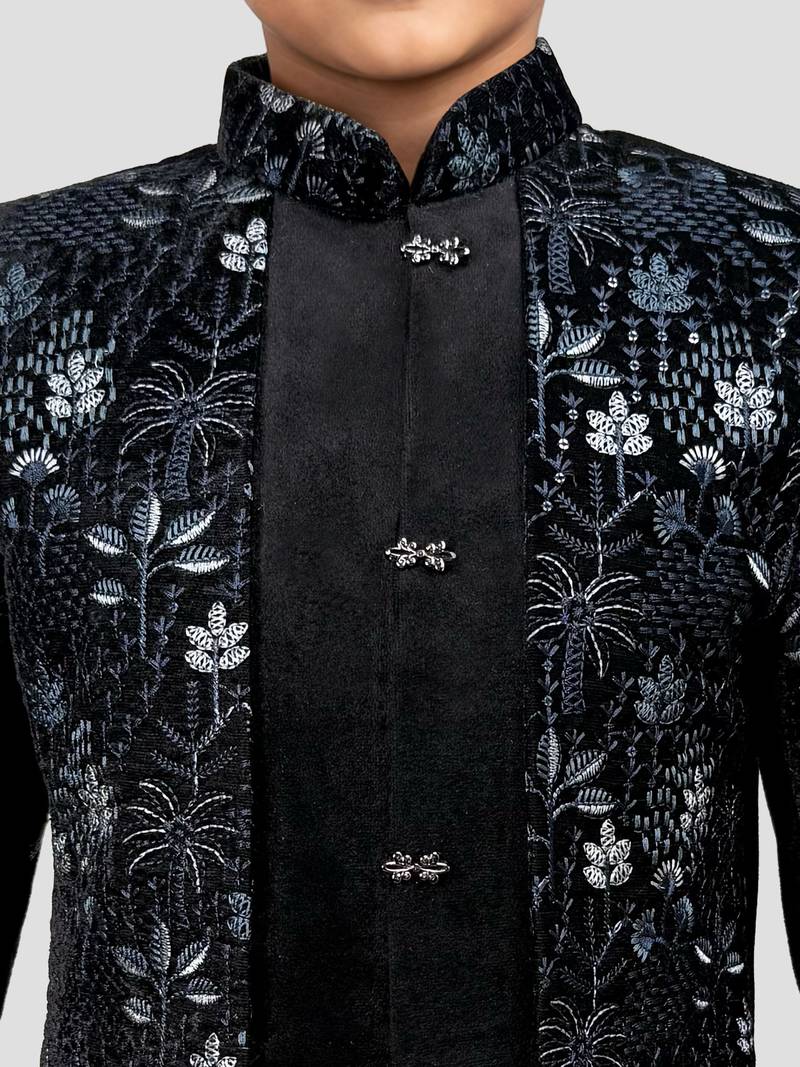 Boys blue velvet thread embroidery attached jacket style sherwani set with pant