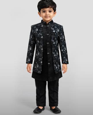 Boys blue velvet thread embroidery attached jacket style sherwani set with pant 3
