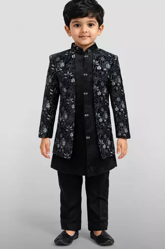Boys blue velvet thread embroidery attached jacket style sherwani set with pant