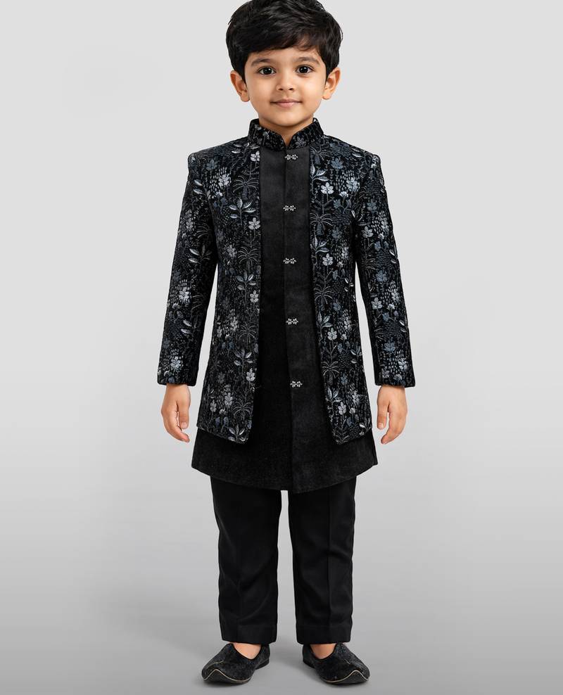 Boys blue velvet thread embroidery attached jacket style sherwani set with pant