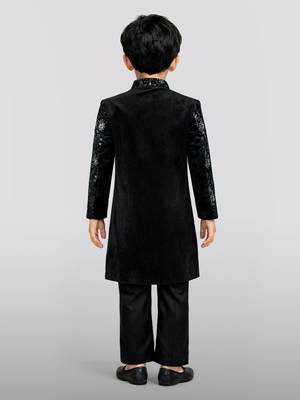 Boys blue velvet thread embroidery attached jacket style sherwani set with pant 4