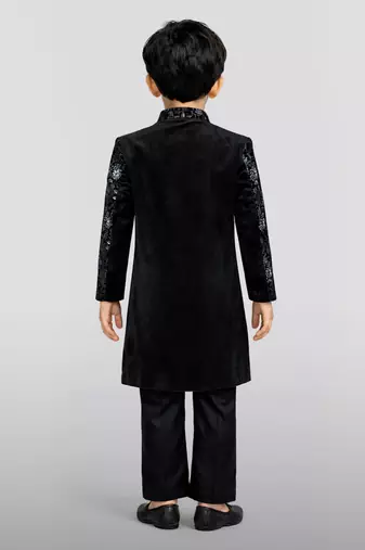Boys blue velvet thread embroidery attached jacket style sherwani set with pant