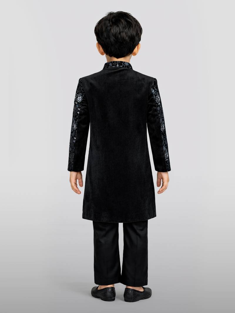 Boys blue velvet thread embroidery attached jacket style sherwani set with pant