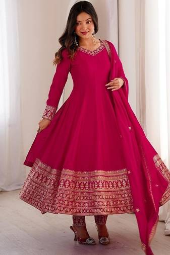 Pink color zari sequince embroidered work vichitra silk anarkali set