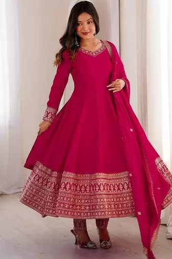 Pink color zari sequince embroidered work vichitra silk anarkali set