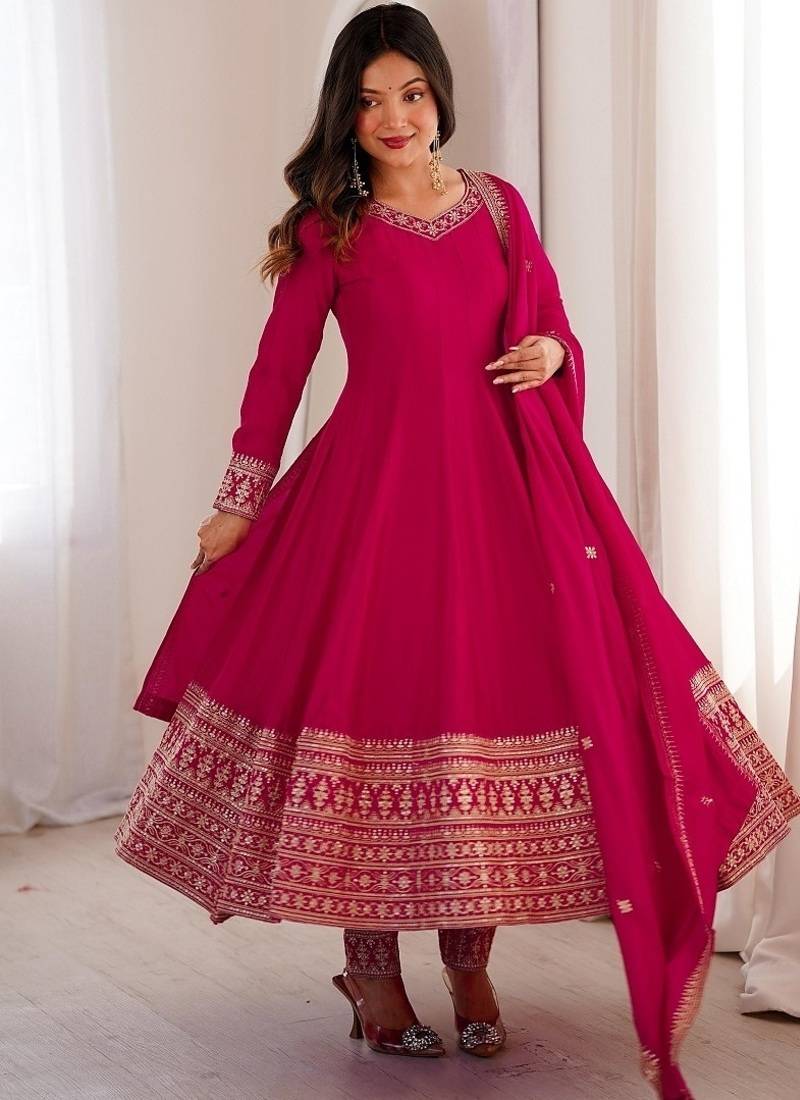 Pink color zari sequince embroidered work vichitra silk anarkali set