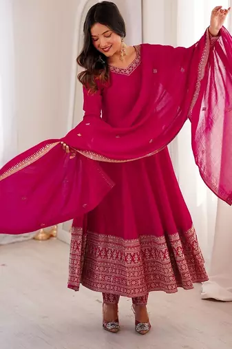 Pink color zari sequince embroidered work vichitra silk blend anarkali set