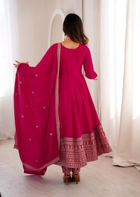 Pink zari sequince embroidered work vichitra silk blend anarkali set 3