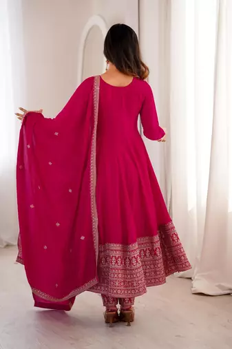 Pink color zari sequince embroidered work vichitra silk blend anarkali set