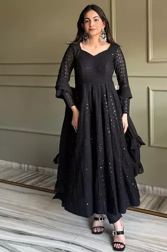 Black color lukhnowi sequence & thread embroidered work foux georgette anarkali set
