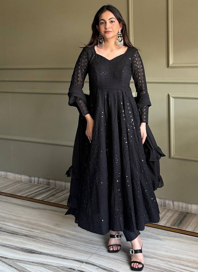 Black color lukhnowi sequence & thread embroidered work foux georgette anarkali set