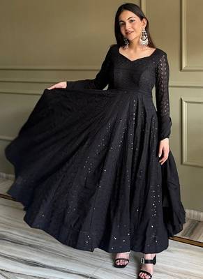 Black lukhnowi sequence & thread embroidered work foux georgette anarkali set 2