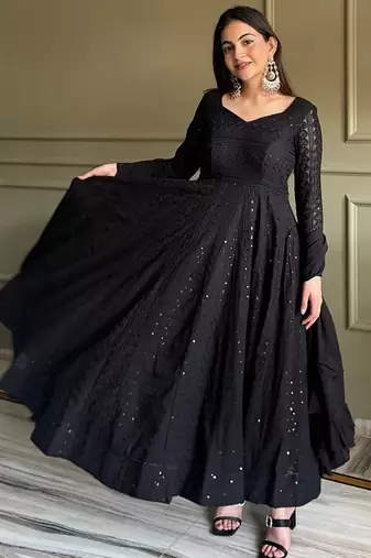Black color lukhnowi sequence & thread embroidered work foux georgette anarkali set