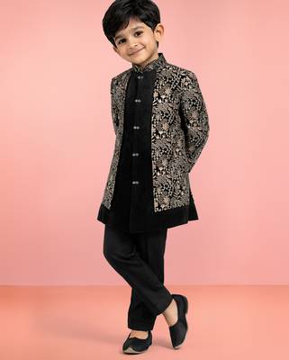 Boys chiku velvet thread embroidery attached jacket style sherwani set with pant 1