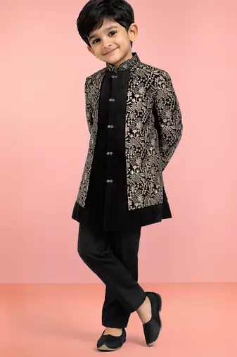 Boys chiku velvet thread embroidery attached jacket style sherwani set with pant