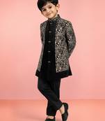 Boys chiku velvet thread embroidery attached jacket style sherwani set with pant