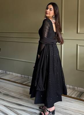 Black lukhnowi sequence & thread embroidered work foux georgette anarkali set 4