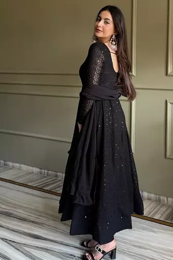 Black color lukhnowi sequence & thread embroidered work foux georgette anarkali set