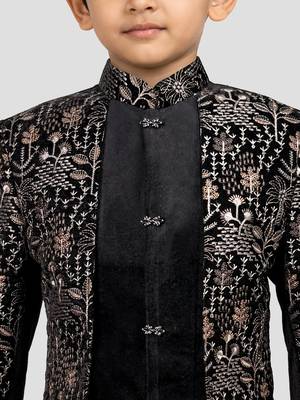 Boys chiku velvet thread embroidery attached jacket style sherwani set with pant 2