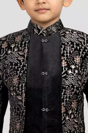 Boys chiku velvet thread embroidery attached jacket style sherwani set with pant