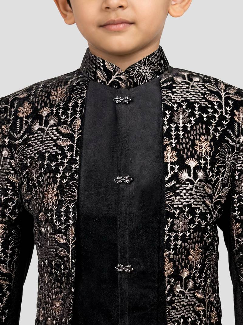 Boys chiku velvet thread embroidery attached jacket style sherwani set with pant