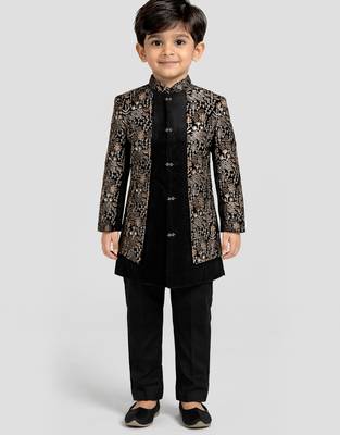 Boys chiku velvet thread embroidery attached jacket style sherwani set with pant 3