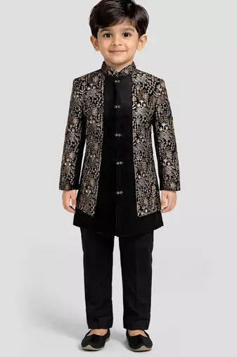 Boys chiku velvet thread embroidery attached jacket style sherwani set with pant