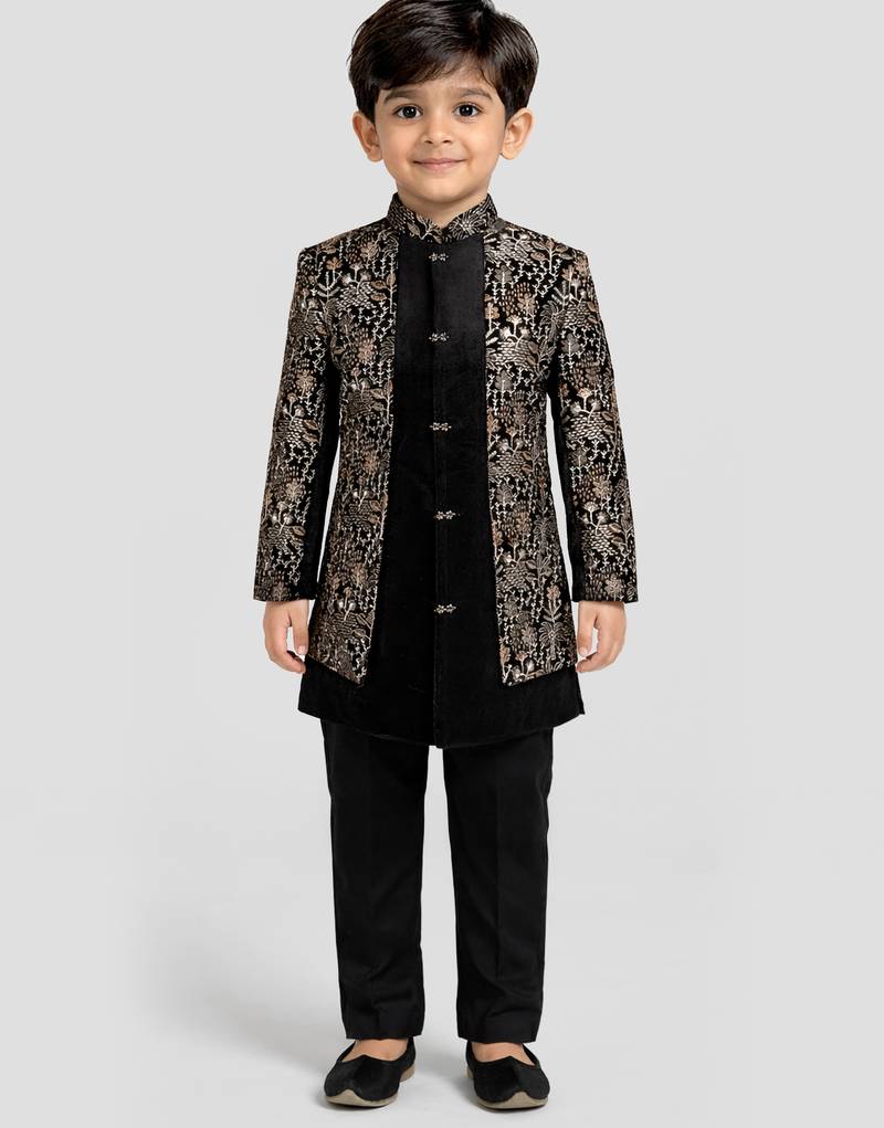 Boys chiku velvet thread embroidery attached jacket style sherwani set with pant