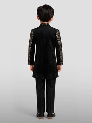 Boys chiku velvet thread embroidery attached jacket style sherwani set with pant 4