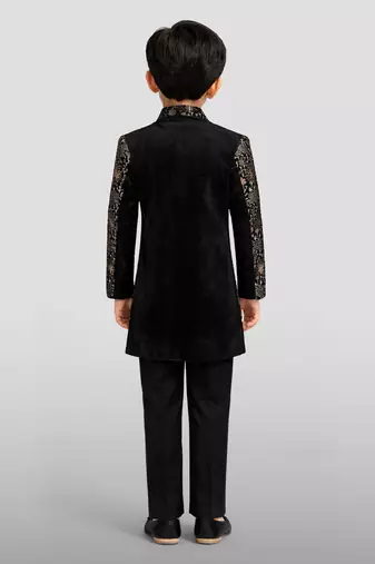 Boys chiku velvet thread embroidery attached jacket style sherwani set with pant