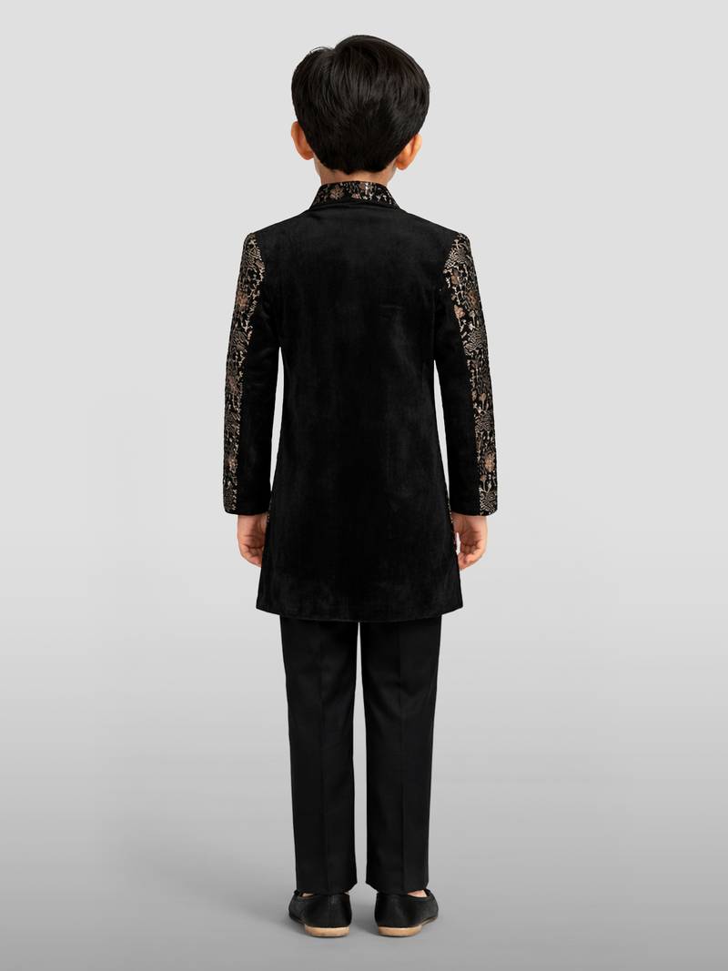Boys chiku velvet thread embroidery attached jacket style sherwani set with pant