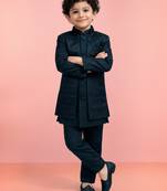Boys turquoise silk blend jacquard indo-western set