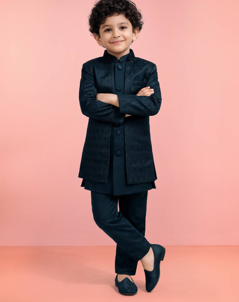 Boys turquoise silk blend jacquard indo-western set
