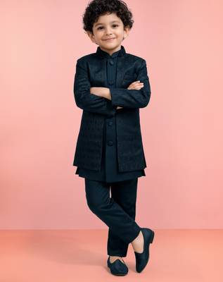Boys turquoise silk blend jacquard indo-western set 1