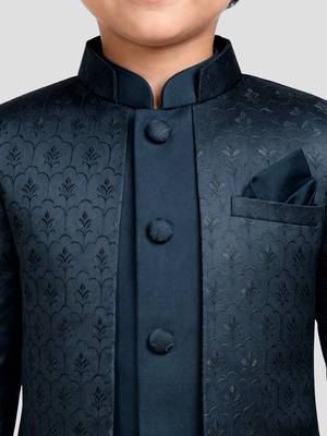 Boys turquoise silk blend jacquard indo-western set 2