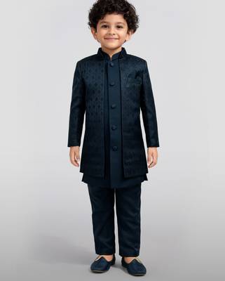Boys turquoise silk blend jacquard indo-western set 3