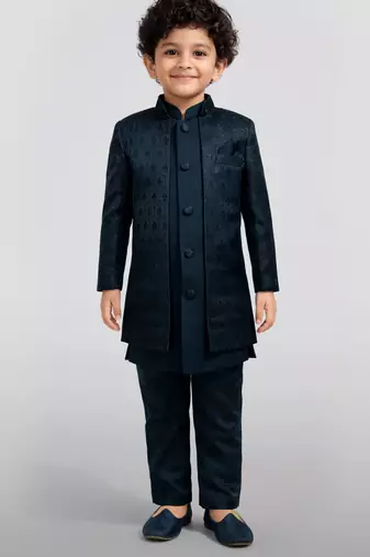 Boys turquoise silk blend jacquard indo-western set
