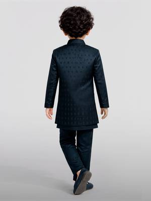 Boys turquoise silk blend jacquard indo-western set 4