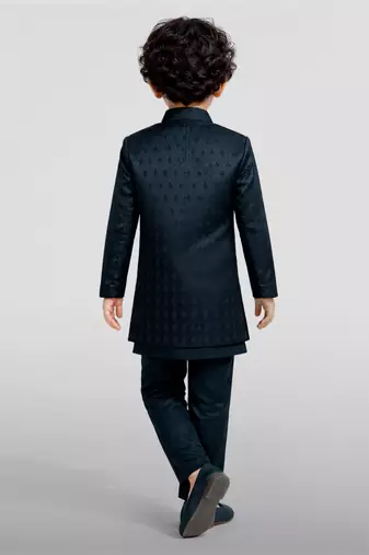 Boys turquoise silk blend jacquard indo-western set