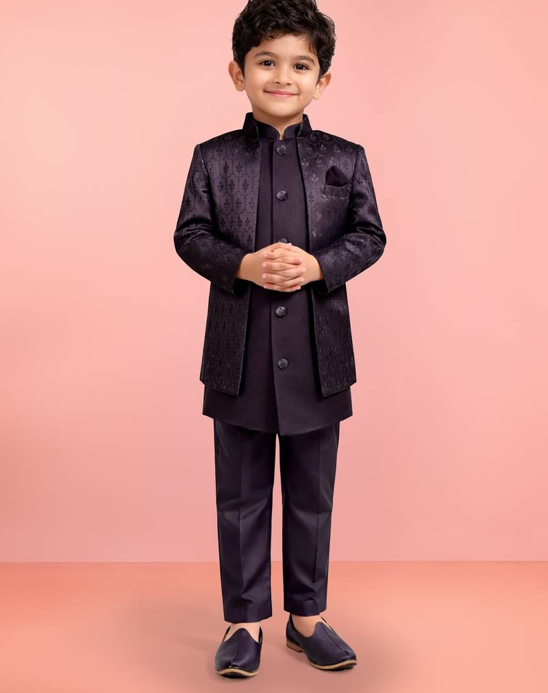 Boys wine silk blend jacquard indo-western set
