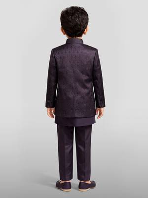 Boys wine silk blend jacquard indo-western set 4