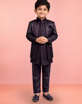 Boys wine silk blend jacquard indo-western set 1