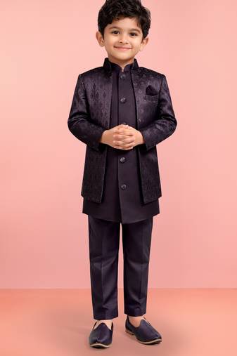 Boys wine silk blend jacquard indo-western set