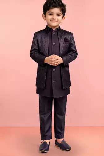 Boys wine silk blend jacquard indo-western set
